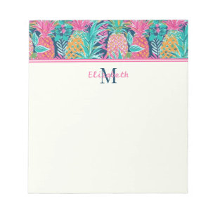 Preppy Pink Teal Navy Blue Pineapple Monogram Notepad
