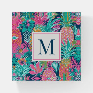 Preppy Pink Teal Navy Blue Pineapple Monogram Paperweight