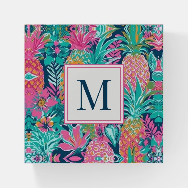 Preppy Pink Teal Navy Blue Pineapple Monogram Paperweight (Front)