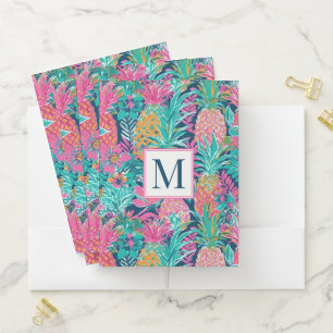 Preppy Pink Teal Navy Blue Pineapple Monogram Pocket Folder