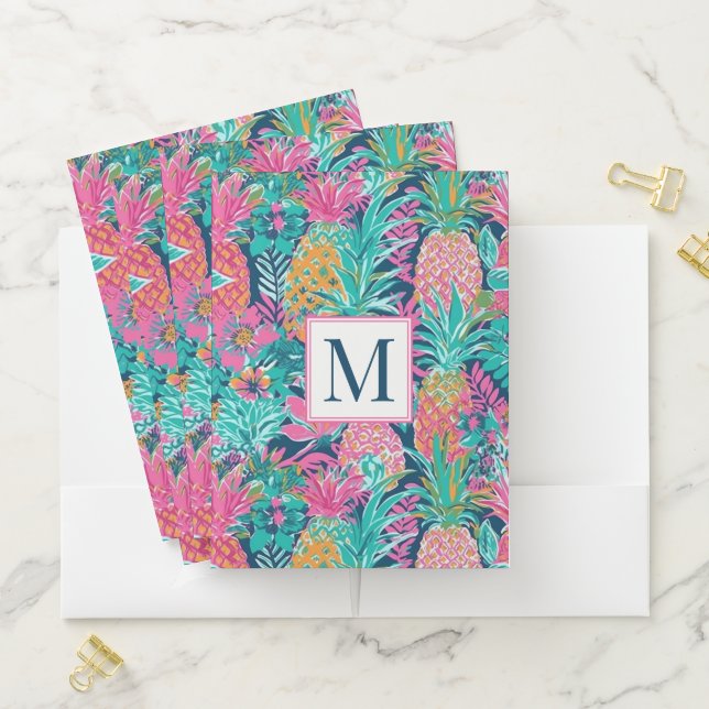 Preppy Pink Teal Navy Blue Pineapple Monogram Pocket Folder (In Situ)