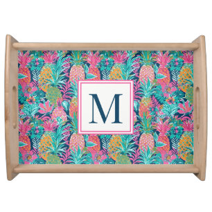 Preppy Pink Teal Navy Blue Pineapple Monogram Serving Tray