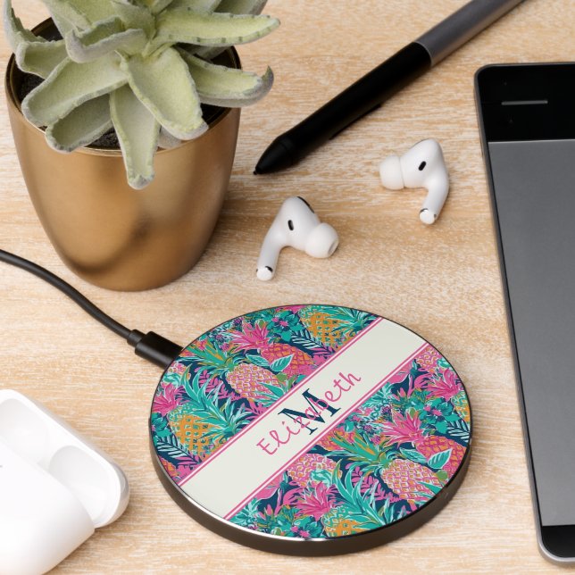 Preppy Pink Teal Navy Blue Pineapple Monogram Wireless Charger (Desk 2)