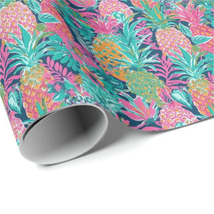 Preppy Pink Teal Navy Blue Pineapples Wrapping Paper