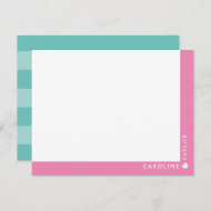 Preppy Pink & Teal Stripes Cute Girly Personalized Note Card