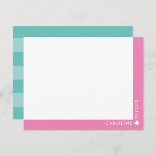 Preppy Pink  Teal Stripes Cute Girly Personalized Note Card