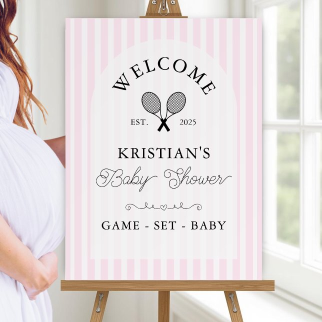 Preppy Pink Tennis Baby Shower Welcome Sign (elegant pink and white striped tennis baby shower welcome sign displayed on standing wooden easel)