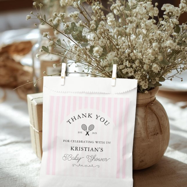 Preppy Pink Tennis Chic Baby Shower Thank You Favor Bag (chic pink and white striped baby shower thank you favor bags with elegant tennis motif on a table)