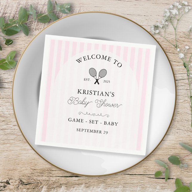 Preppy Pink Tennis Country Club Baby Shower Napkins (pink elegant tennis theme baby shower napkins for chic preppy country club stripes events girly fun)