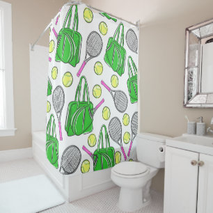 Preppy Pink Tennis Rackets and Green Bags Shower Curtain