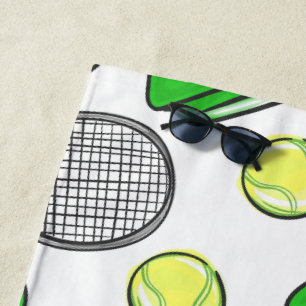 Preppy Pink Tennis Racquet Green Pattern Beach Towel