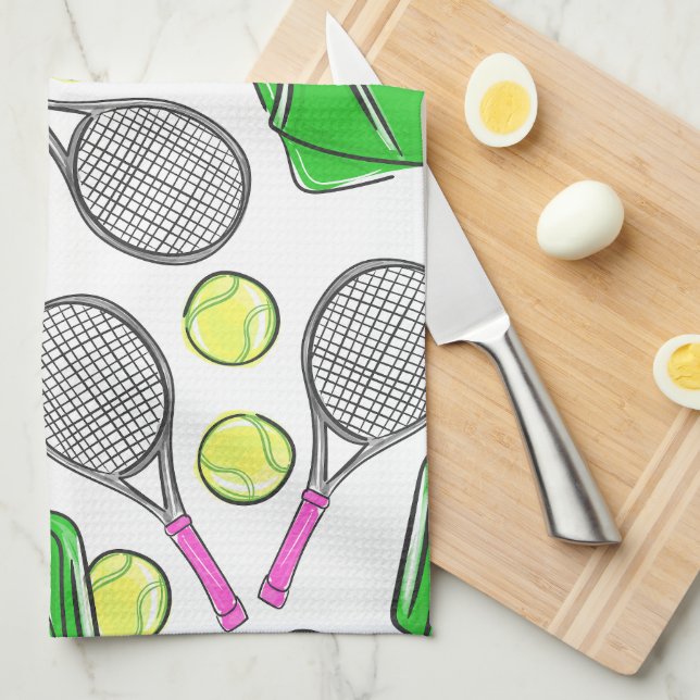 Preppy Pink Tennis Racquet Green Pattern Kitchen Towel (Quarter Fold)