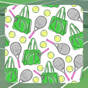 Preppy Pink Tennis Racquet & Green Tennis Bag Beverage Coaster