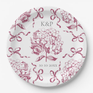 Preppy Pink Toile Hydrangea Bow with Name Paper Plates