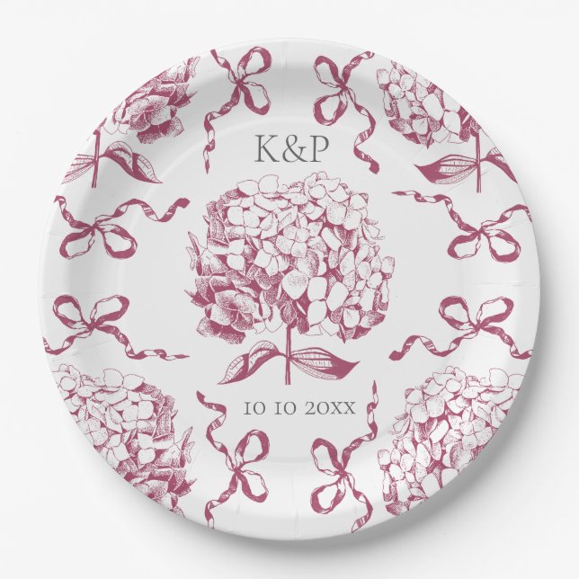Preppy Pink Toile Hydrangea Bow with Name Paper Plates (Front)