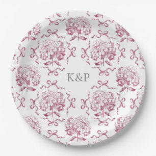 Preppy Pink Toile Hydrangea Bow with Name Paper Plates
