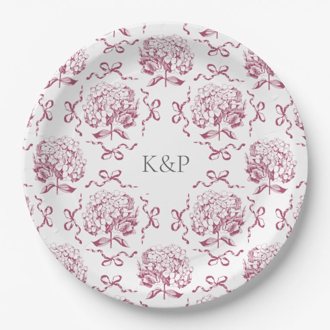 Preppy Pink Toile Hydrangea Bow with Name Paper Plates (Front)