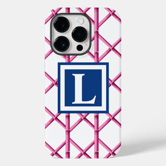 Preppy Pink Trellis Bamboo Pattern Monogram Case-Mate iPhone Case (Back)