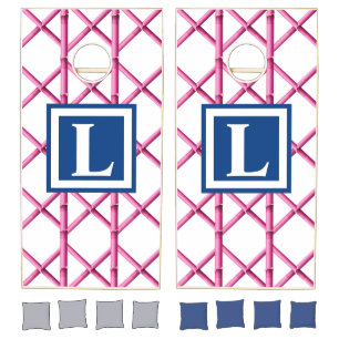 Preppy Pink Trellis Bamboo Pattern Monogram Cornhole Set