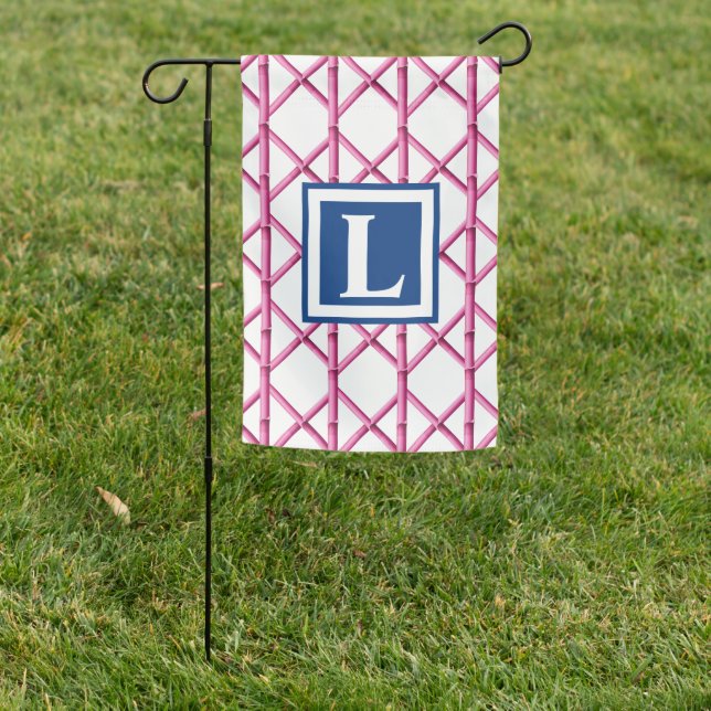 Preppy Pink Trellis Bamboo Pattern Monogram Garden Flag (In SItu)