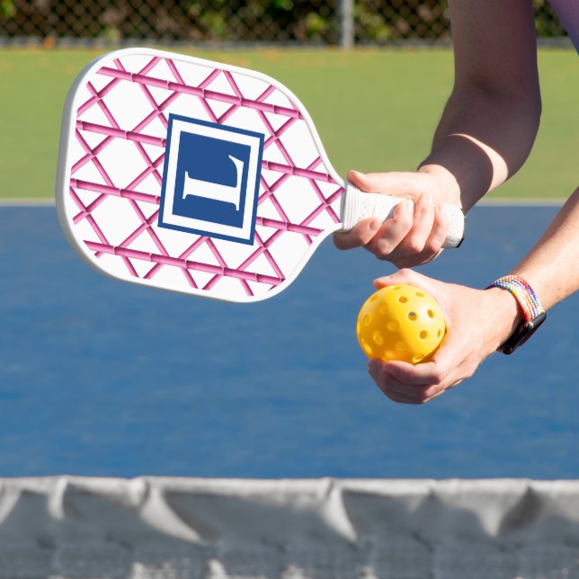 Preppy Pink Trellis Bamboo Pattern Monogram Pickleball Paddle (Insitu)