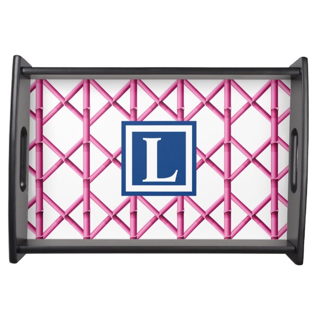 Preppy Pink Trellis Bamboo Pattern Monogram Serving Tray (Front)