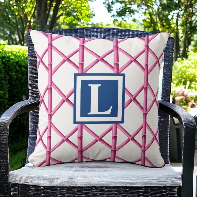 Preppy Pink Trellis Bamboo Pattern Monogram Throw Pillow (Creator Uploaded)