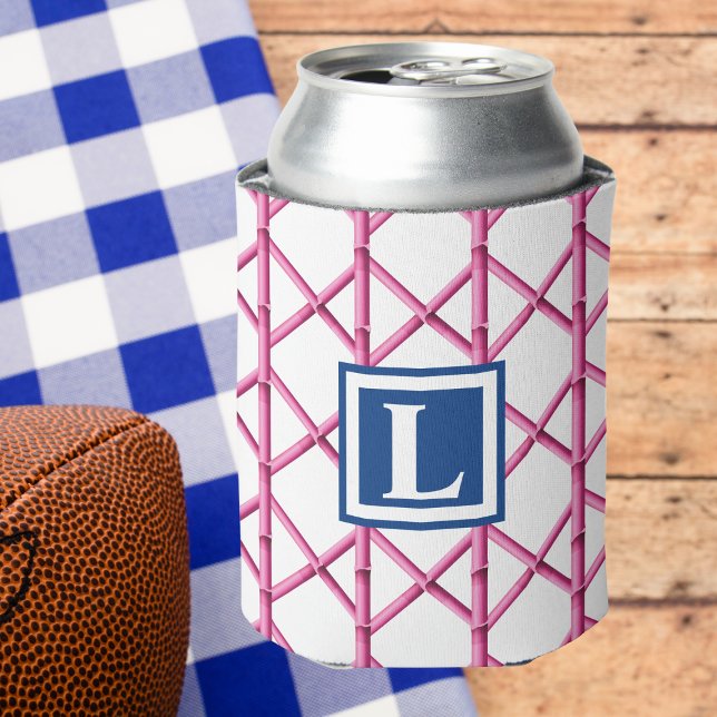 Preppy Pink Trellis Bamboo Pattern Navy Monogram Can Cooler (Creator Uploaded)