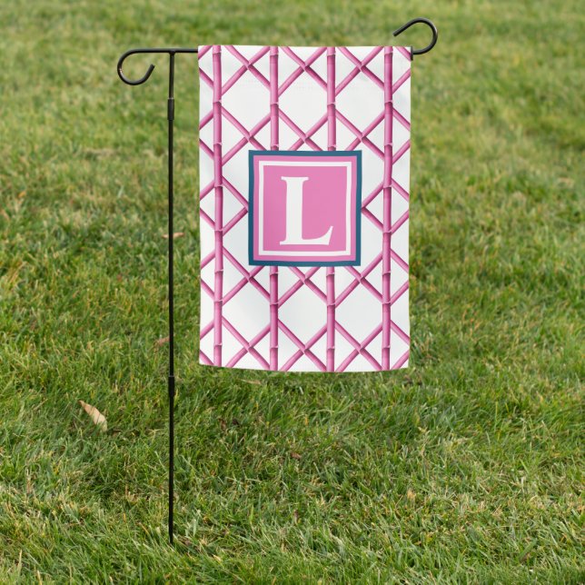 Preppy Pink Trellis Bamboo Pattern White Monogram Garden Flag (In SItu)