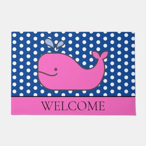 Preppy Pink Whale on Navy Blue Polka Dots Doormat