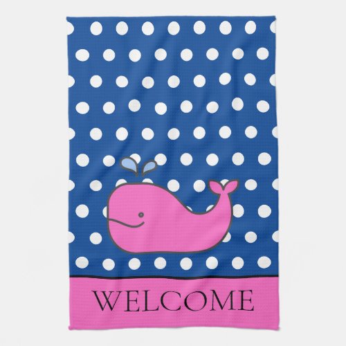 Preppy Pink Whale on Navy Blue Polka Dots Kitchen Towel
