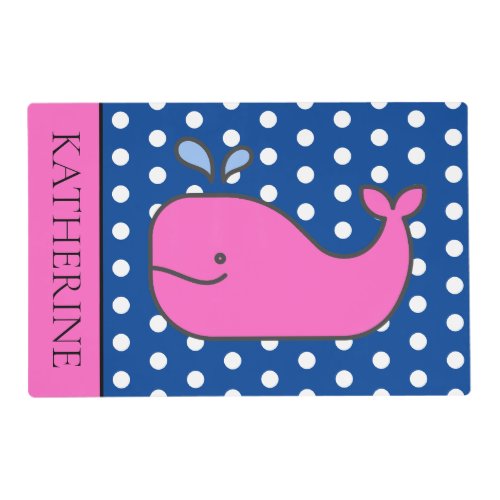 Preppy Pink Whale on Navy Blue Polka Dots Placemat