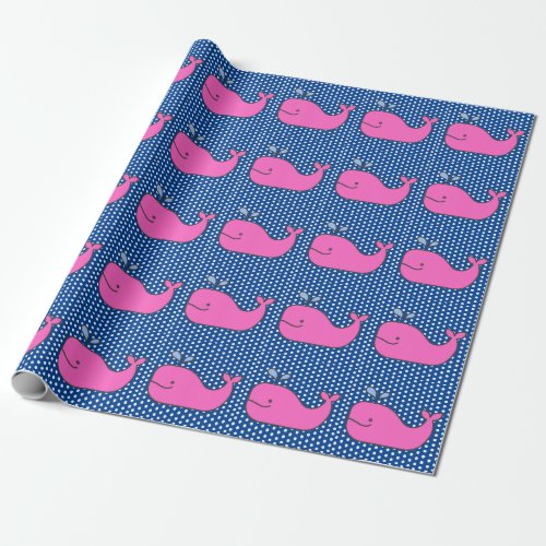 Preppy Pink Whales on Navy Blue Polka Dots Wrapping Paper