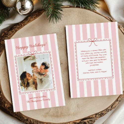Preppy Pink Whimsical Bow Stripes Photo Holiday Card
