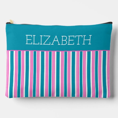 Preppy Pink White and Teal Stripe Monogram Accessory Pouch
