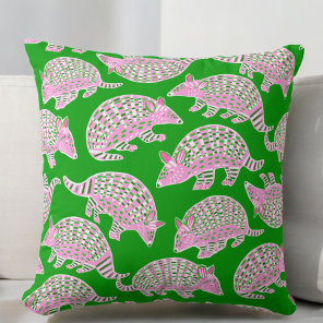 Preppy Pink White Armadillo Pattern Green  Throw Pillow