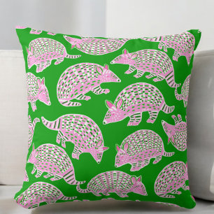 Preppy Pink White Armadillo Pattern Green Throw Pillow