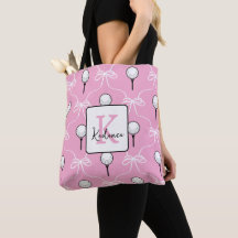 Preppy Pink White Bow Golf Pattern Monogram