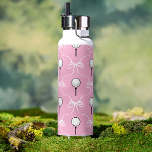 Preppy Pink White Bow Golf Pattern Water Bottle