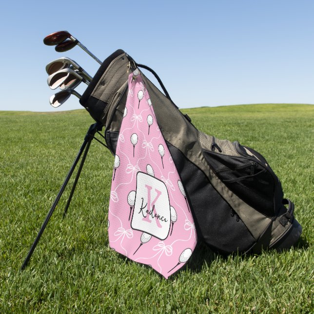 Preppy Pink White Bow Pattern Monogram  Golf Towel (Green)