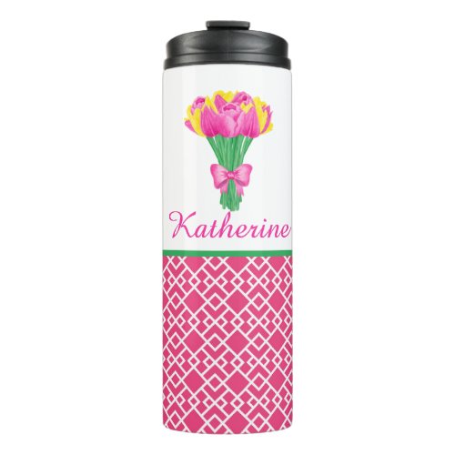 Preppy Pink  Yellow Tulip Bouquet with bow Thermal Tumbler