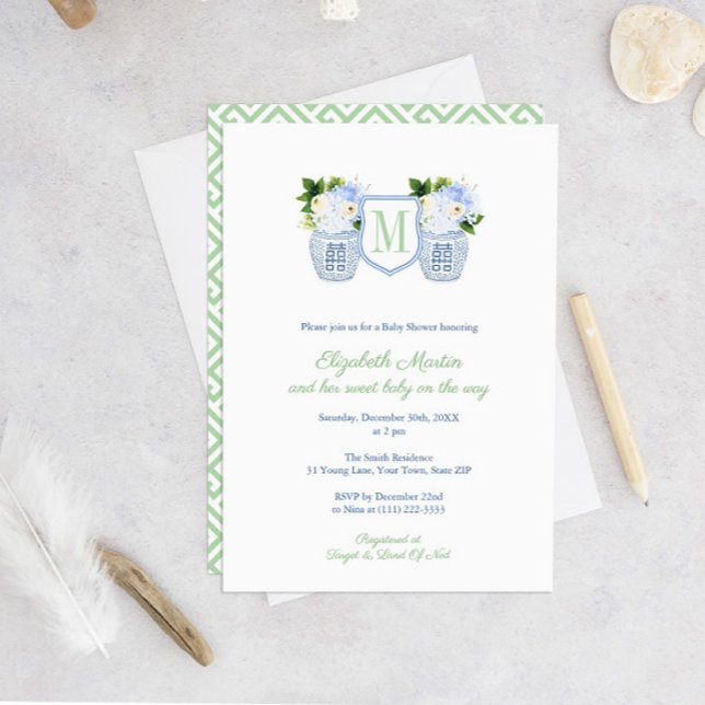 Preppy Pistachio Navy Floral Monogram Baby Shower Invitation (Monogram Green And White Gender Neutral Baby Shower Invitation )