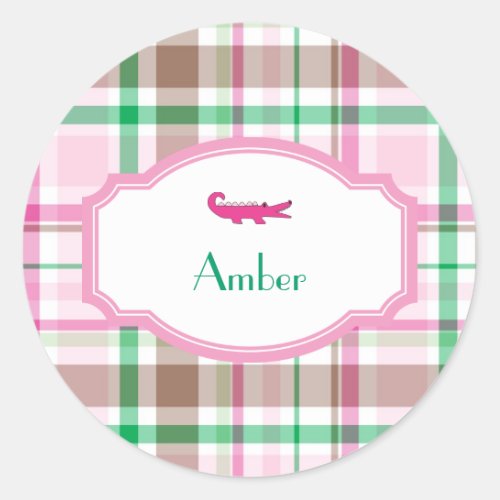 Preppy Plaid Alligator Lilly Shower Birthday Classic Round Sticker