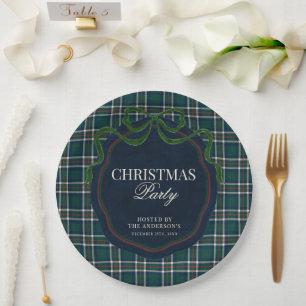 Preppy Plaid Christmas Party Green Navy Tartan   Paper Plates