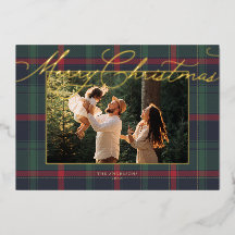 Preppy Plaid Foil Family Photo Christmas Card