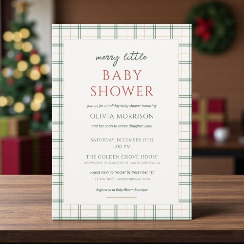 Christmas Merry Little Baby Shower Gingham or plaid baby shower invitation