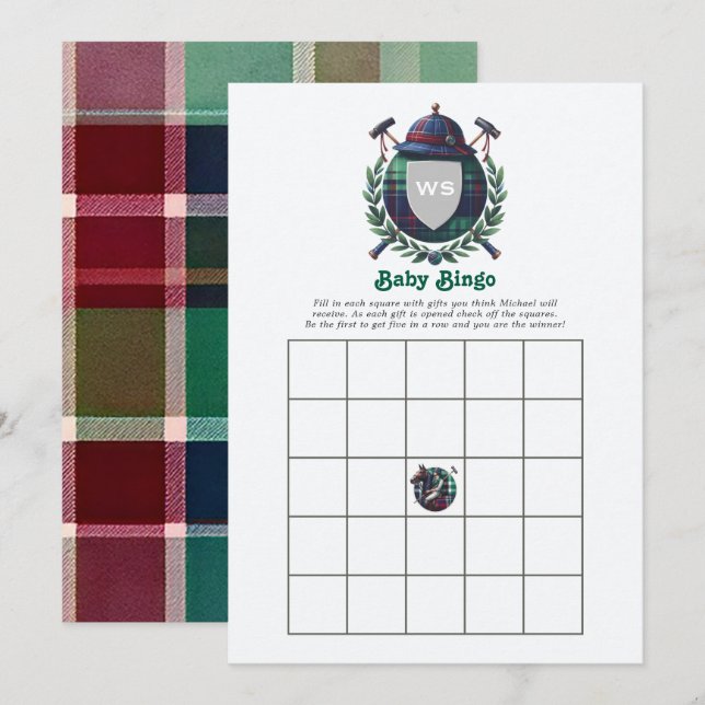 Preppy Plaid Monogram Baby Shower Bingo Game Invitation (Front/Back)