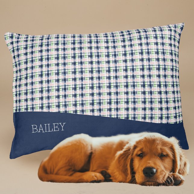 Preppy Plaid Navy Pink Green Custom Name Large Dog Pet Bed (Creator Uploaded)