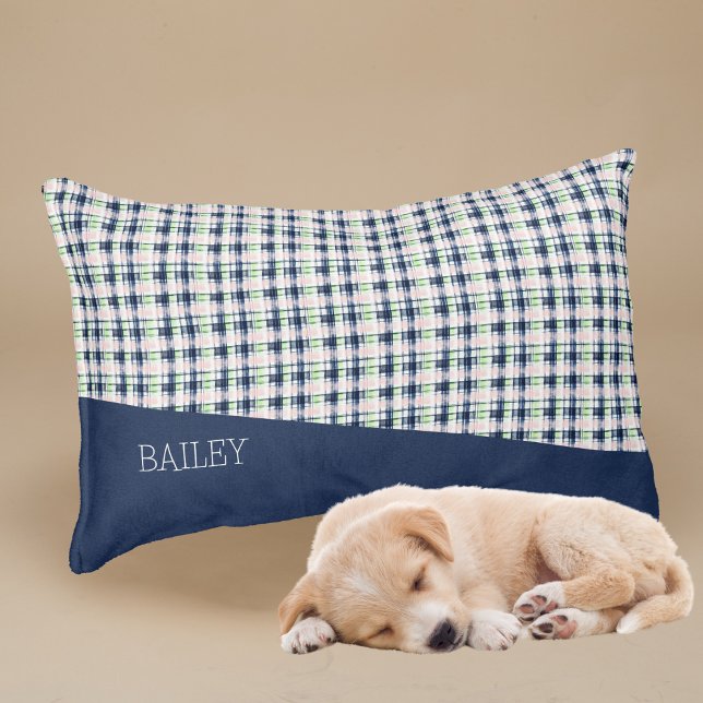 Preppy Plaid Navy Pink Green Custom Name Small Dog Pet Bed (Creator Uploaded)