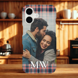 Preppy Plaid Pattern Monogrammed Photo Elegant iPhone 17 Case